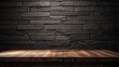 Empty wooden table top against a detailed grungy black stone wall and sunlight from Generative AI