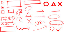 赤色　矢印　まる　枠　レ点　バツ　マジックで書いた手描き　セット