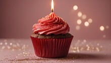 Red Theme Birthday Cupcake With One Candle On Top On A Pastel Background With Shiny Sparkling Glitters From Generative AI