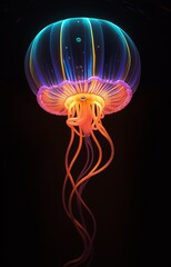 Wall Mural - Artistic Beautiful Neon Jellyfish in Deep Dark Ocean Background