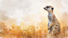 A Meerkat Stands In The Savannah , The Location On The Right Is A Profile View, Watercolor Style