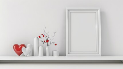 Wall Mural - White frame rests against a white shelf in a Valentine-themed interior against an empty wall backdrop