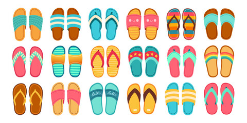 Wall Mural - Summer slippers set. Flip flops summer shoes vector illustration, slippers view from above, flat design