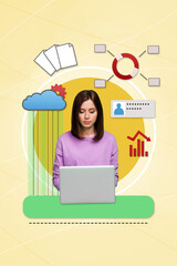 Sticker - Vertical collage photo young working girl freelancer focused trader online remote job multitasking investor workflow drawing background