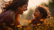 An Enchanting Image Depicting The Happiness Of An Indian Mother Having Fun With Her Daughter Outdoors. The Photograph Centers On The Mother's Face, Highlighting Joyful Moments.