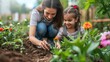 A big copy space with mother and daughter planting trees with a concept of green environment and save earth, Generative AI.