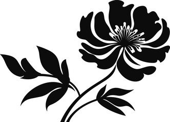 Sticker - Flower icon. Peony flower with leaves. Peonies hand drawn vector art. Black silhouette of peony flower.