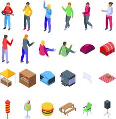 Sticker - Outdoor public party performance icons set isometric vector. Air live concert. Concert festival
