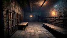 Underground Old Medieval Dungeon Jail Cells, Fantasy Setting, Dark And Creepy Rp Table Top Background, Created With Generative Ai