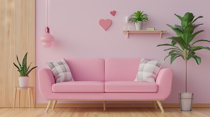 Wall Mural - Pink sofa, potted plants, and heart light create a cute and colorful scene, with wood accents, contribute to a contemporary candy-coated design with living materials