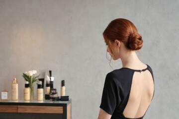 Canvas Print - Red-haired girl with low bun hairstyle, back view