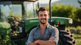 Fototapeta  - Young Caucasian farmer Use a tractor to work in the garden.