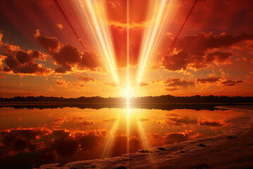 Wall Mural - Heavenly rays of light in the clouds. Dreamy inspiring hope concept. Sun rays from heaven. Blessed light.