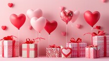 Many Heart Balloons And Gifts With Red And Pink Colors On A Pink Background.