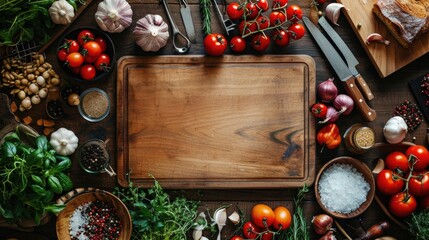 Empty wooden chopping board surrounded by fresh vegetables, herbs, spices, olive oil, and cooking utensils on a dark table.