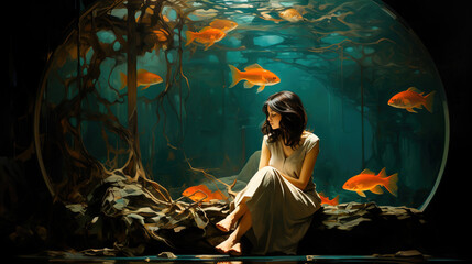 Wall Mural - girl at the aquarium