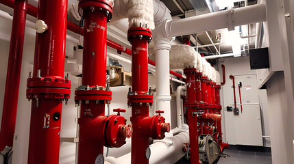 Wall Mural - Industrial Pipe Technology: Red Valve and Metal Equipment in a Factory Setting