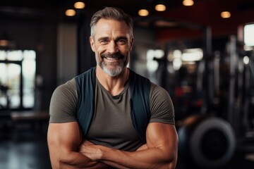 portrait of a happy man in his 40s wearing a rugged jean vest against a dynamic fitness gym backgrou