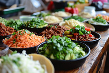 Vibrant Spread Of Fresh Taco Ingredients Such As Diced Vegetables, Grilled Meats, Shredded Cheese, And Herbs