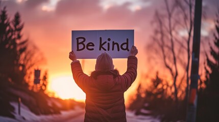 girl standing on the road and holding a sign that reads Be kind, against the backdrop of sunset, kindness day