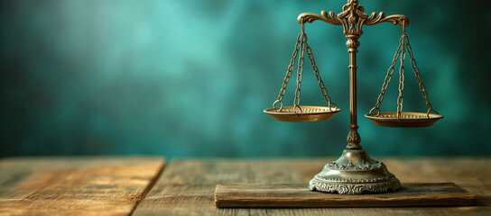 A scale with justice of law and balance of law on wooden background