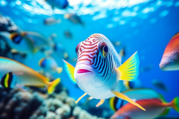 tropical sea underwater fishes on coral reef. aquarium oceanarium wildlife colorful marine panorama 