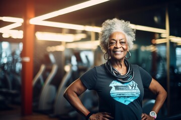 Wall Mural - Portrait of a joyful afro-american elderly woman in her 90s dressed in a casual t-shirt against a dynamic fitness gym background. AI Generation