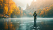 Serene angler fly-fishing in misty autumnal river.
