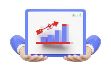 3d charts graph with hands, tablet, rocket, arrow, analysis business financial data. business strategy concept, 3d render illustration