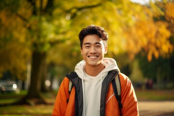 Sticker - Portrait of a blissful man in his 20s sporting a stylish varsity jacket against a bright and cheerful park background. AI Generation