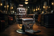Barbershop Interior In Retro Style, Folding Red Leather Chair In Barbershop.