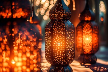 A warm and inviting image of intricately designed metal lanterns glowing in the evening light, perfect for cultural or festive themes.