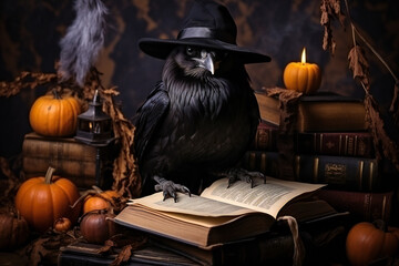 Halloween decoration with a black raven, old books, candles and pumpkins,ai generated