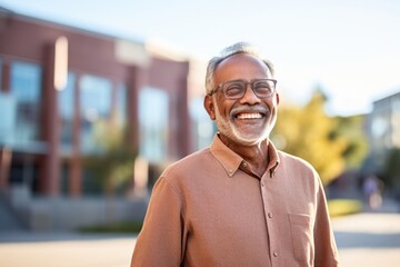 Wall Mural - Portrait of a happy indian man in his 70s donning a trendy cropped top against a modern university campus background. AI Generation