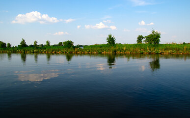 Canvas Print - Landscape of a lake and blue sky reflected.