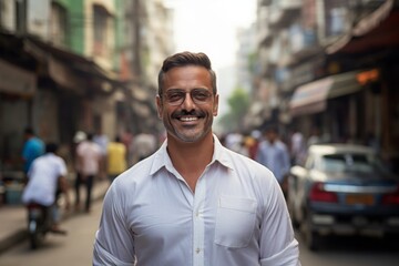 Wall Mural - Portrait of a satisfied indian man in his 40s donning a classy polo shirt against a bustling city street background. AI Generation