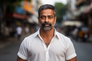 Wall Mural - Portrait of a satisfied indian man in his 40s donning a classy polo shirt against a bustling city street background. AI Generation