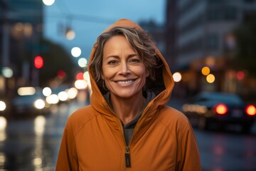 Wall Mural - Portrait of a grinning woman in her 50s sporting a comfortable hoodie against a bustling city street background. AI Generation