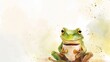 Watercolor frog illustration. Hand painted image of a cute frog. Frog clipart with cup of coffee, wallpaper.