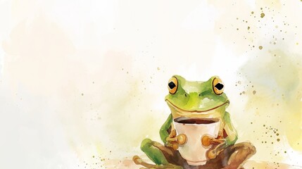 Wall Mural - Watercolor frog illustration. Hand painted image of a cute frog. Frog clipart with cup of coffee, wallpaper.