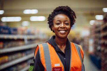 Poster - Portrait of a smiling afro-american woman in her 20s dressed in a water-resistant gilet against a busy supermarket aisle background. AI Generation