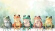 Watercolor frog in a row illustration. Hand painted image of a cute frog. Frog clipart with flowers, wallpaper.