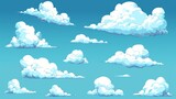Fototapeta  - Close up view of beautiful colorful clouds, sky background, cartoon style. Fluffy  clouds. Sunset, sundown background