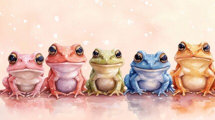 Wall Mural - Watercolor frog in a row illustration. Hand painted image of a cute frog. Frog clipart with flowers, wallpaper.