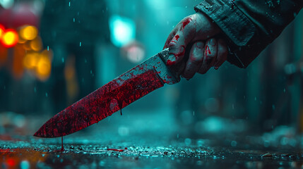 Fototapeta murderer with a bloody knife.