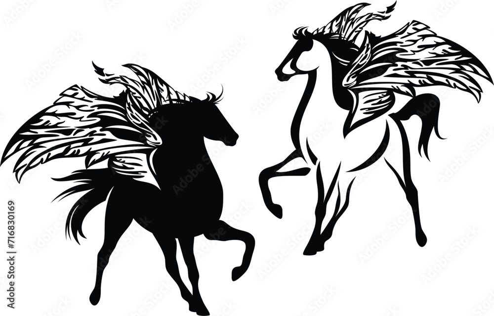 majestic fairy tale winged pegasus horse silhouette and outline - magic ...