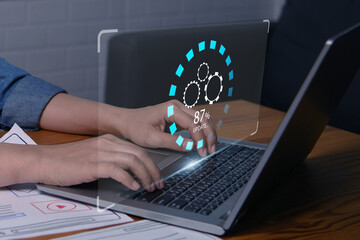 Poster - businesswoman updating computer system software application for device to be up to date with new ver