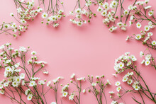 Border Of Delicate Little White Flowers On Pink Background From Above. Space For Text. Flat Lay Style.