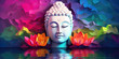 glowing buddha face with 3d paper cut clouds colorful flowers, nature background, colorful lotuses