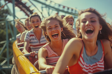 Wall Mural - Happy young people riding a roller coaster